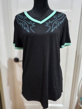 Crazy Train Black V-Neck Top with Mint Trim and Embroidered Yoke, NWT